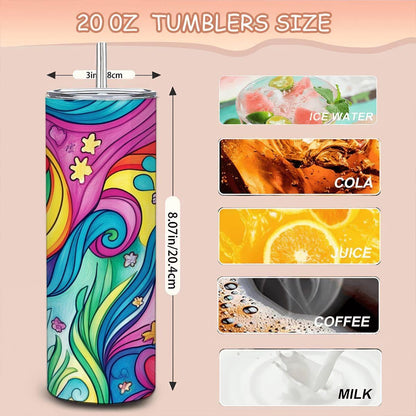ColorFlow | Groovy Rainbow Garden 20oz Stainless Steel Tumbler with Straw | Vibrant Floral Insulated Cup for Hot or Cold Drinks