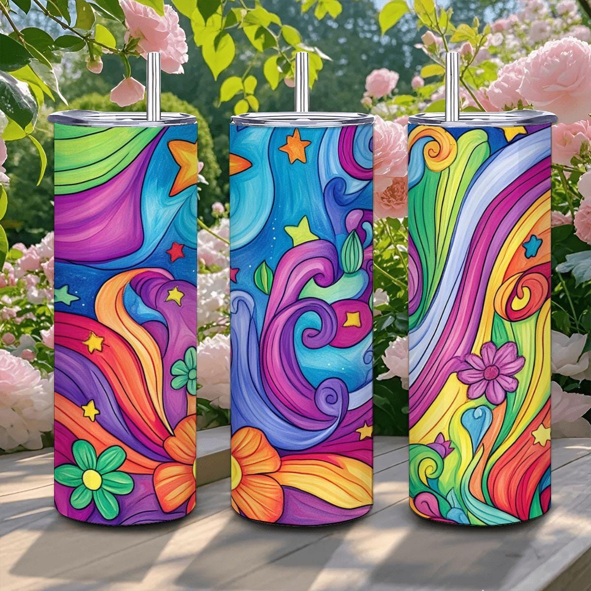 ColorFlow | Cosmic Bloom 20oz Stainless Steel Tumbler with Straw | Starry Night Rainbow Floral Insulated Travel Cup