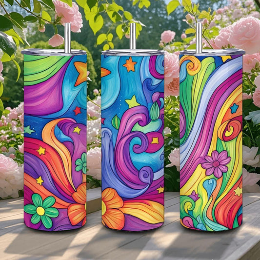 ColorFlow | Cosmic Bloom 20oz Stainless Steel Tumbler with Straw | Starry Night Rainbow Floral Insulated Travel Cup