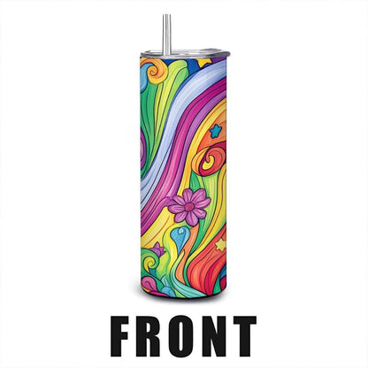 ColorFlow | Cosmic Bloom 20oz Stainless Steel Tumbler with Straw | Starry Night Rainbow Floral Insulated Travel Cup