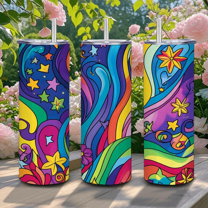 ColorFlow | Starlit Rainbow Swirl 20oz Stainless Steel Tumbler with Straw | Colorful Star Flower Insulated Mug