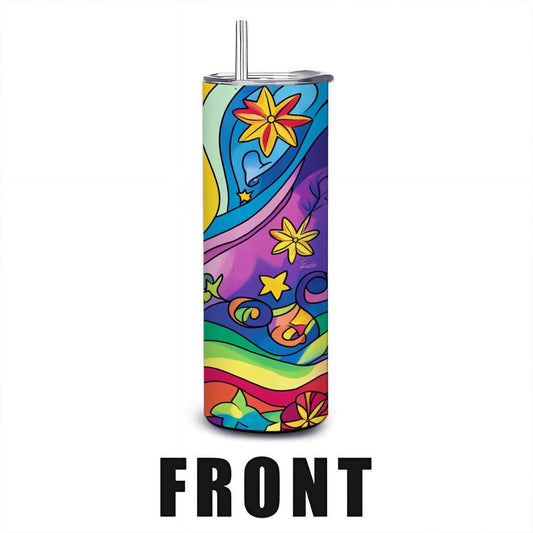 ColorFlow | Starlit Rainbow Swirl 20oz Stainless Steel Tumbler with Straw | Colorful Star Flower Insulated Mug