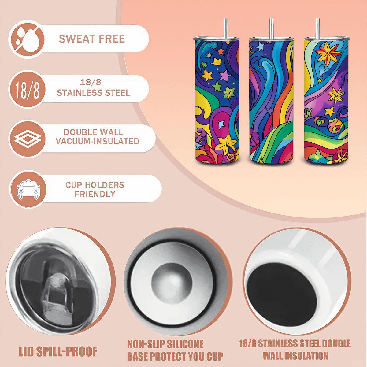 ColorFlow | Starlit Rainbow Swirl 20oz Stainless Steel Tumbler with Straw | Colorful Star Flower Insulated Mug