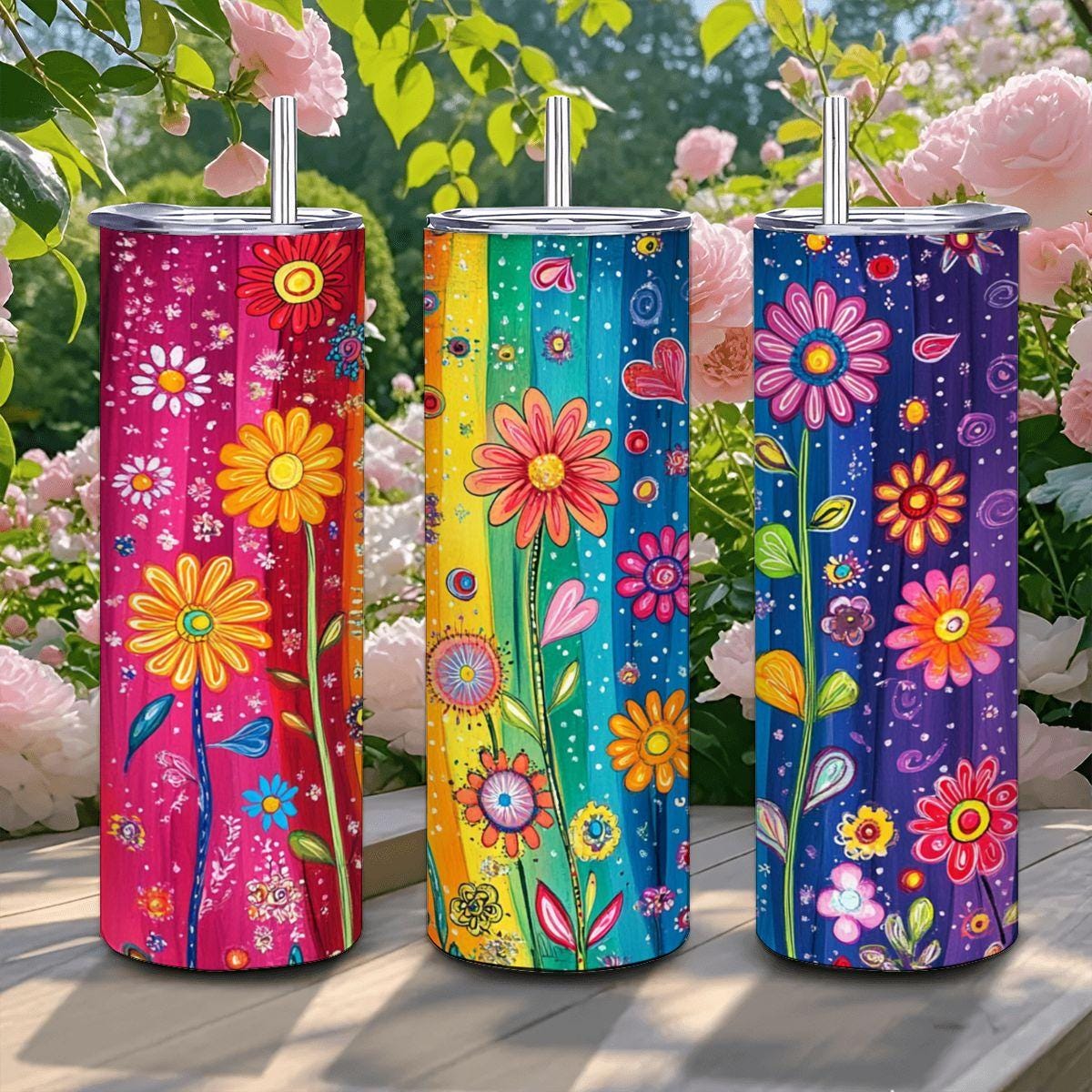 ColorFlow | Rainbow Meadow Magic 20oz Stainless Steel Tumbler with Straw | Colorful Wildflower Insulated Cup