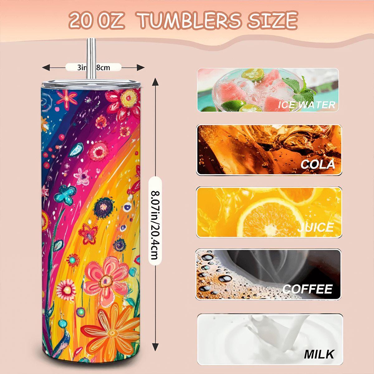 ColorFlow | Sunshine Spectrum Flowers 20oz Stainless Steel Tumbler with Straw | Vibrant Rainbow Floral Travel Mug