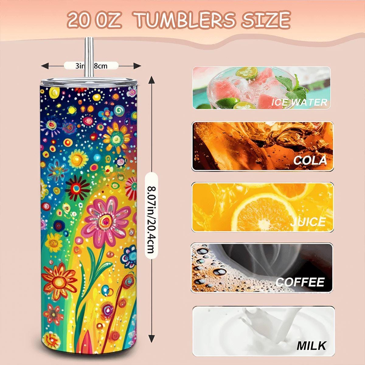 ColorFlow | Starry Rainbow Bloom 20oz Stainless Steel Tumbler with Straw | Whimsical Floral Insulated Mug