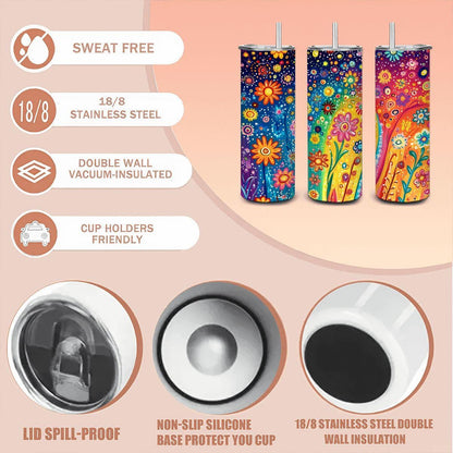 ColorFlow | Starry Rainbow Bloom 20oz Stainless Steel Tumbler with Straw | Whimsical Floral Insulated Mug