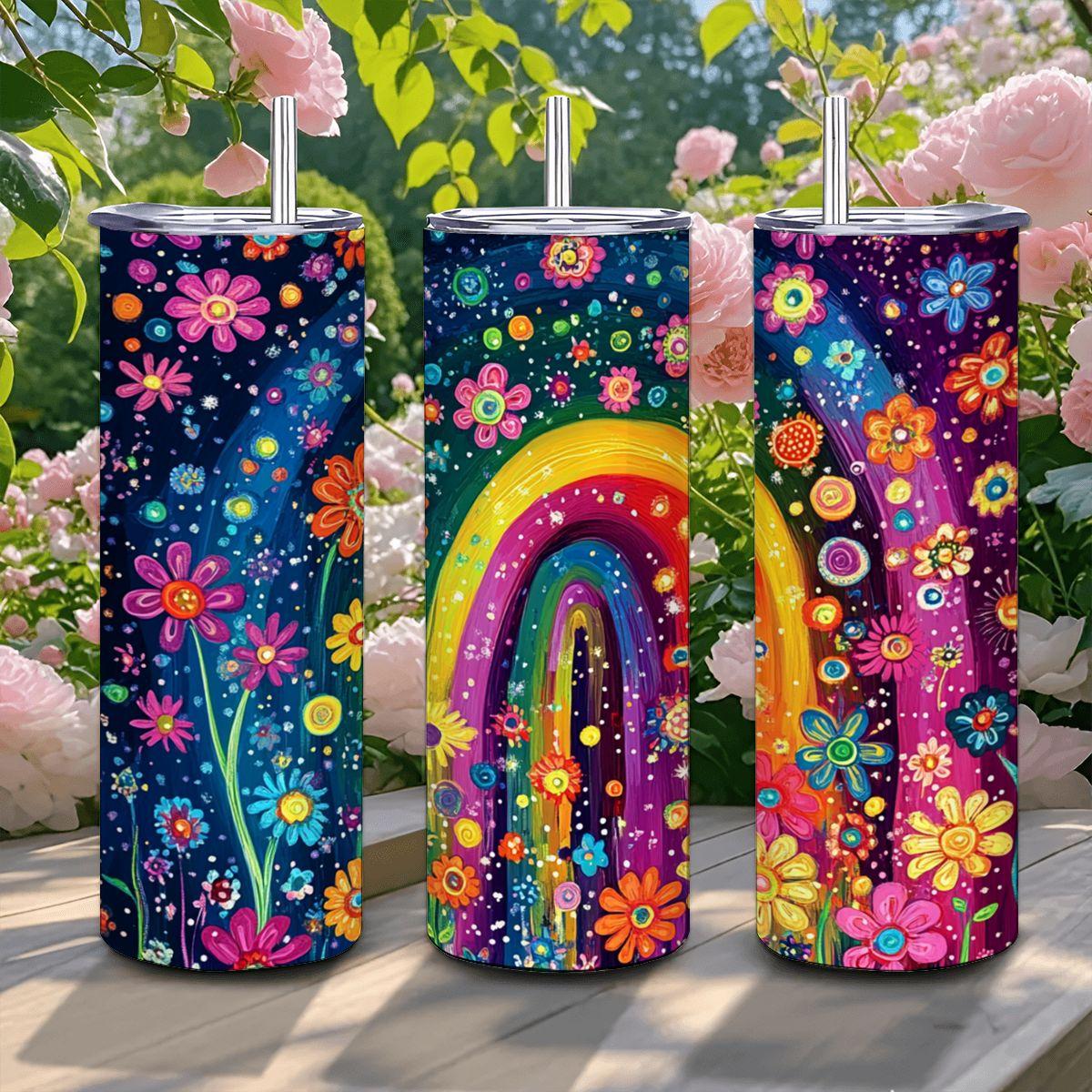 ColorFlow | Rainbow Garden Arch 20oz Stainless Steel Tumbler with Straw | Colorful Flower Field Insulated Mug