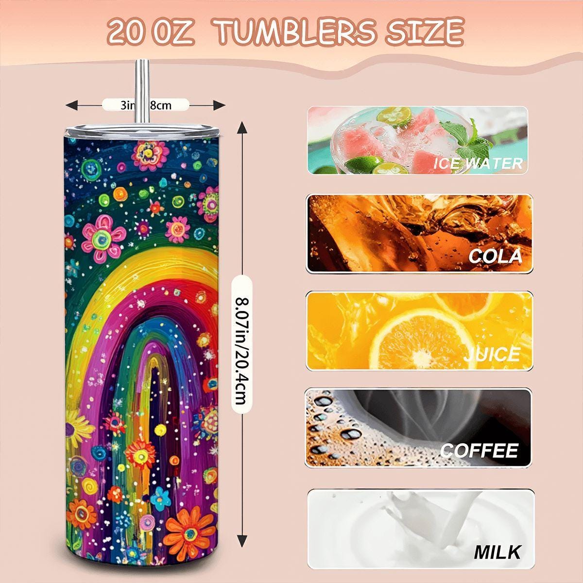 ColorFlow | Rainbow Garden Arch 20oz Stainless Steel Tumbler with Straw | Colorful Flower Field Insulated Mug