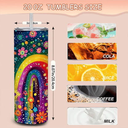 ColorFlow | Rainbow Garden Arch 20oz Stainless Steel Tumbler with Straw | Colorful Flower Field Insulated Mug