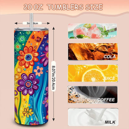 ColorFlow | Radiant Rainbow Flora 20oz Stainless Steel Tumbler with Straw | Bold Swirl Floral Insulated Cup