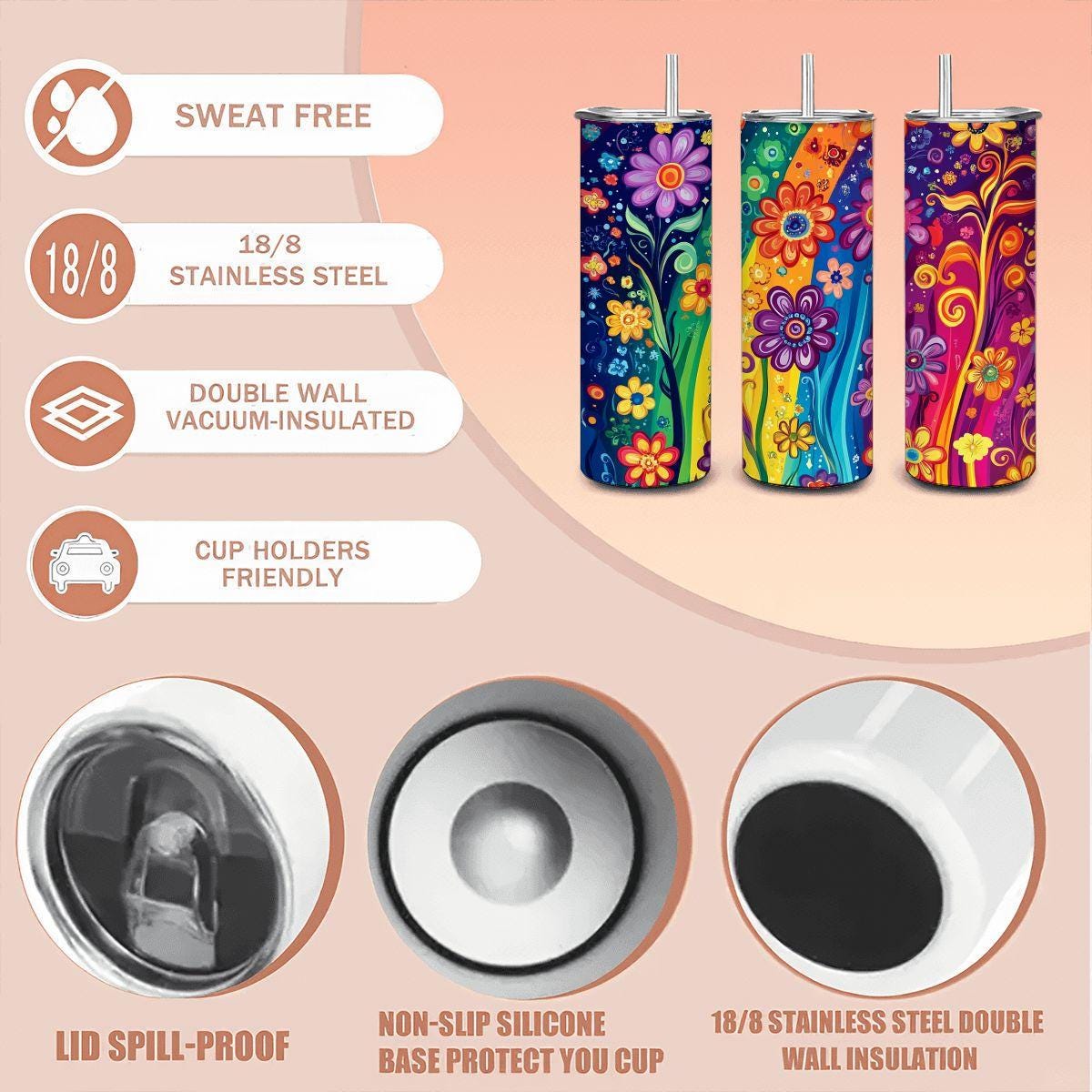 ColorFlow | Radiant Rainbow Flora 20oz Stainless Steel Tumbler with Straw | Bold Swirl Floral Insulated Cup