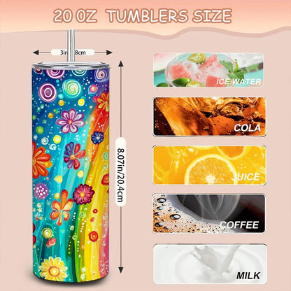 ColorFlow | Whirlwind Rainbow Garden 20oz Stainless Steel Tumbler with Straw | Vivid Floral Insulated Mug