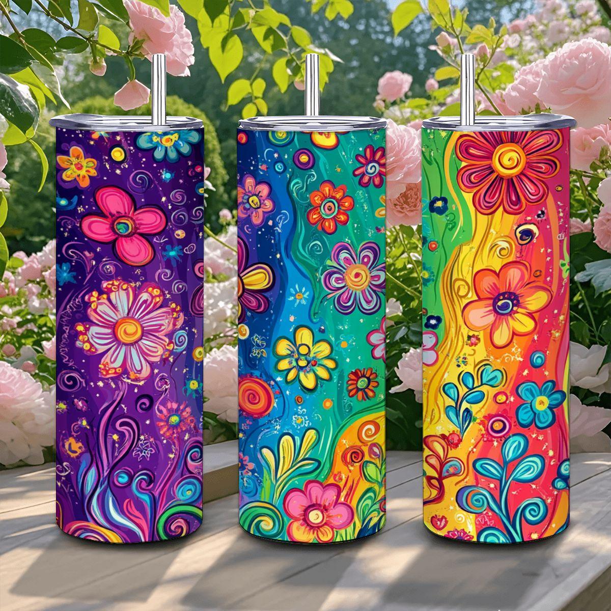 ColorFlow | Garden Party Rainbow 20oz Stainless Steel Tumbler with Straw | Whimsical Floral Art Insulated Mug