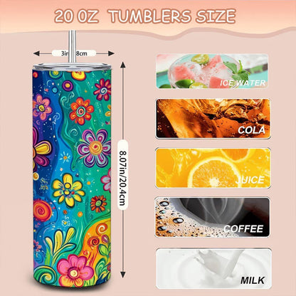 ColorFlow | Garden Party Rainbow 20oz Stainless Steel Tumbler with Straw | Whimsical Floral Art Insulated Mug