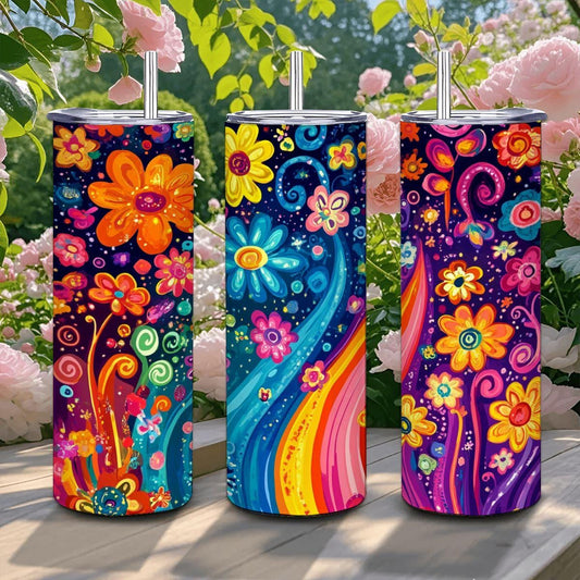 ColorFlow | Carnival Blossom Rainbow 20oz Stainless Steel Tumbler with Straw | Playful Floral Art Travel Mug