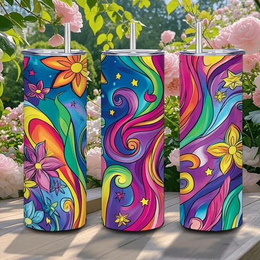 ColorFlow | Radiant Wildflower Waves 20oz Stainless Steel Tumbler with Straw | Bold Swirl Floral Insulated Cup