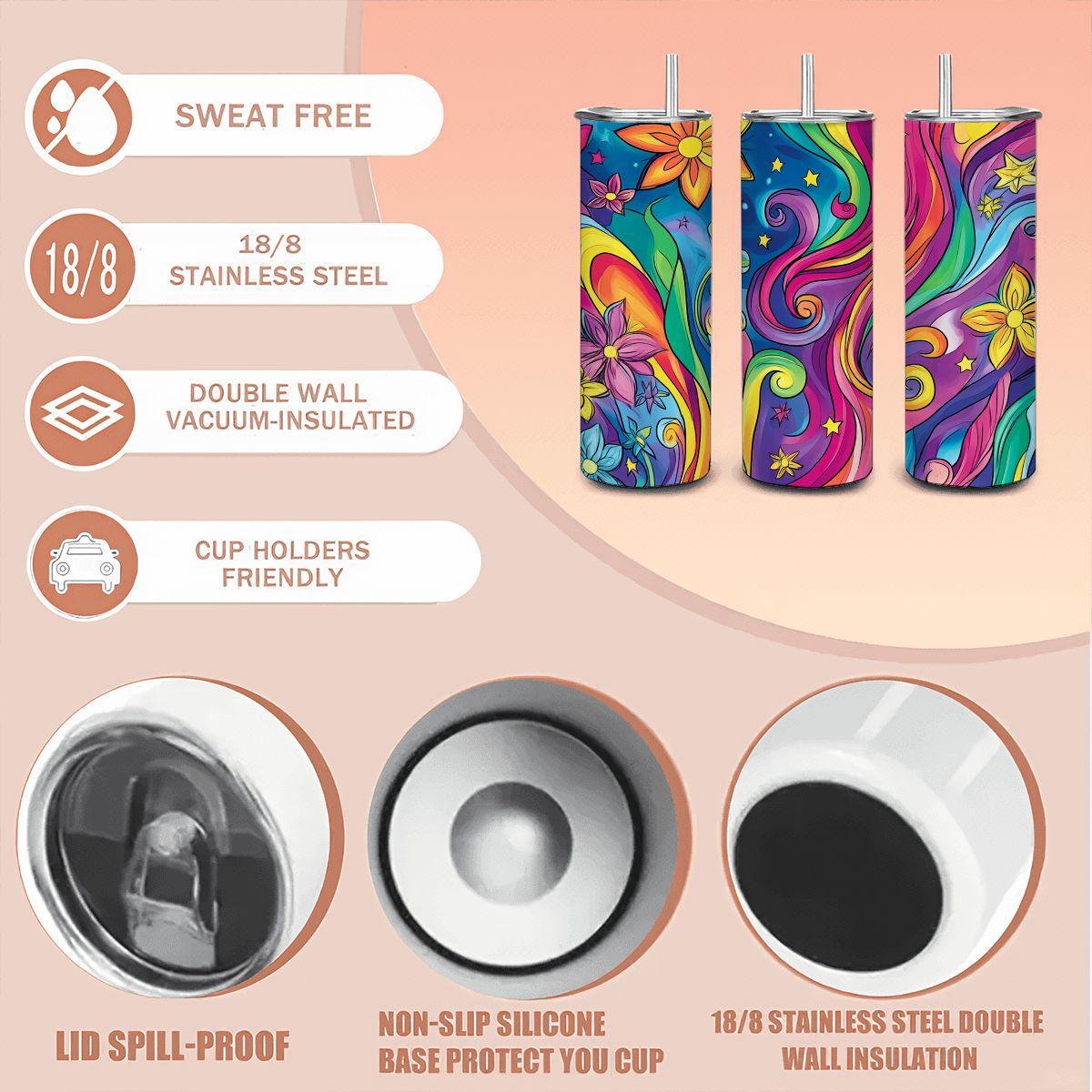 ColorFlow | Radiant Wildflower Waves 20oz Stainless Steel Tumbler with Straw | Bold Swirl Floral Insulated Cup