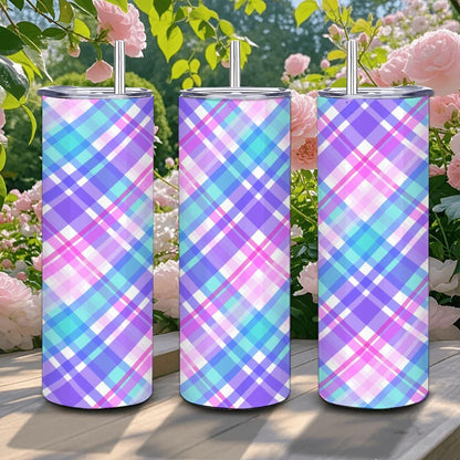 ColorFlow | Pastel Plaid 20oz Stainless Steel Tumbler with Straw | Insulated Coffee Travel Mug | Trendy Eco Drinkware