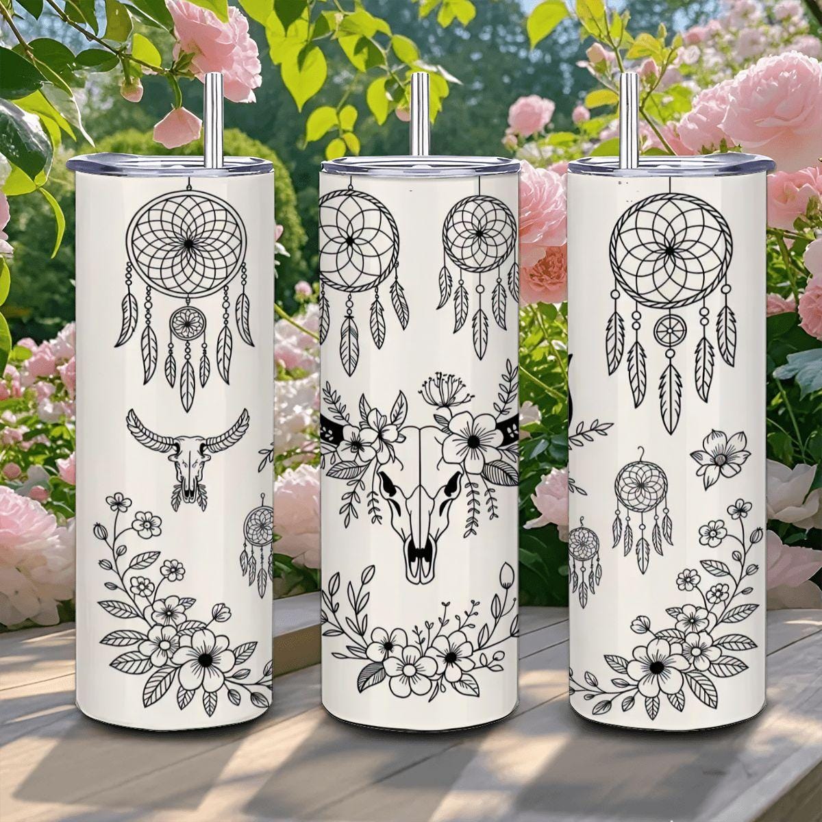 ColorFlow | Boho Western Floral Dreamcatcher 20oz Stainless Tumbler with Straw | Skull Art Coffee Mug | Gift for Her