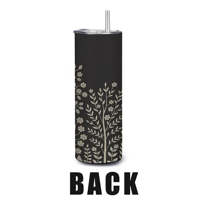 ColorFlow | Elegant Floral Tree 20oz Stainless Steel Tumbler with Straw | Black Botanical Travel Mug | Nature Lover Gift