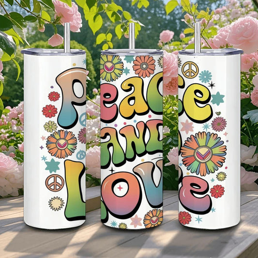 ColorFlow | Peace and Love 20oz Stainless Steel Tumbler with Straw | Groovy Retro Rainbow Mug | Hippie Gift