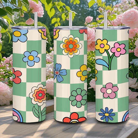 ColorFlow | Checkerboard Bloom 20oz Stainless Steel Tumbler with Straw | Retro Floral Insulated Cup | Colorful Gift Idea