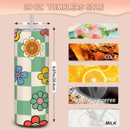 ColorFlow | Checkerboard Bloom 20oz Stainless Steel Tumbler with Straw | Retro Floral Insulated Cup | Colorful Gift Idea