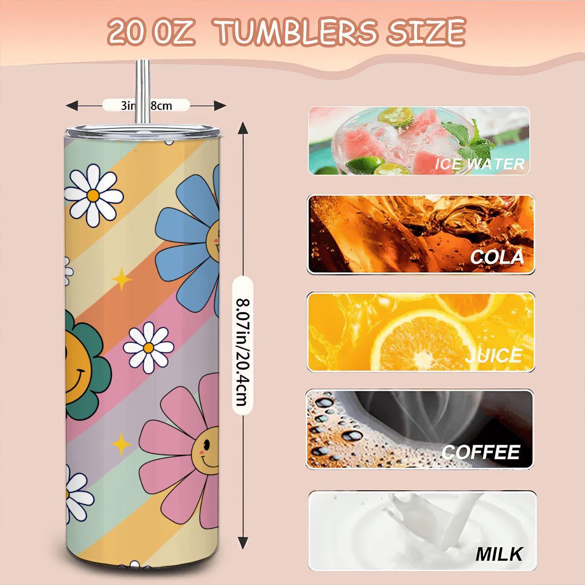 ColorFlow | Smiley Flower Power 20oz Stainless Steel Tumbler with Straw | Pastel Retro Insulated Cup | Happy Gift