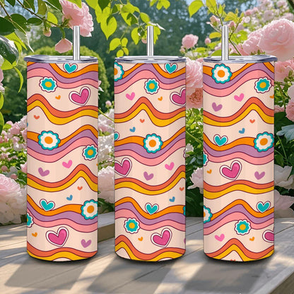 ColorFlow | Groovy Heart Waves 20oz Stainless Steel Tumbler with Straw | Retro Love Floral Cup | Colorful Gift