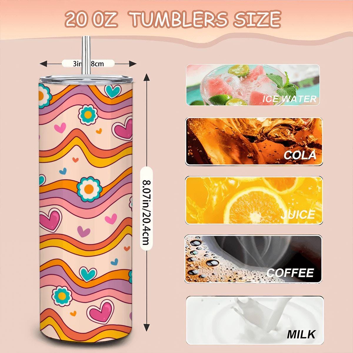 ColorFlow | Groovy Heart Waves 20oz Stainless Steel Tumbler with Straw | Retro Love Floral Cup | Colorful Gift