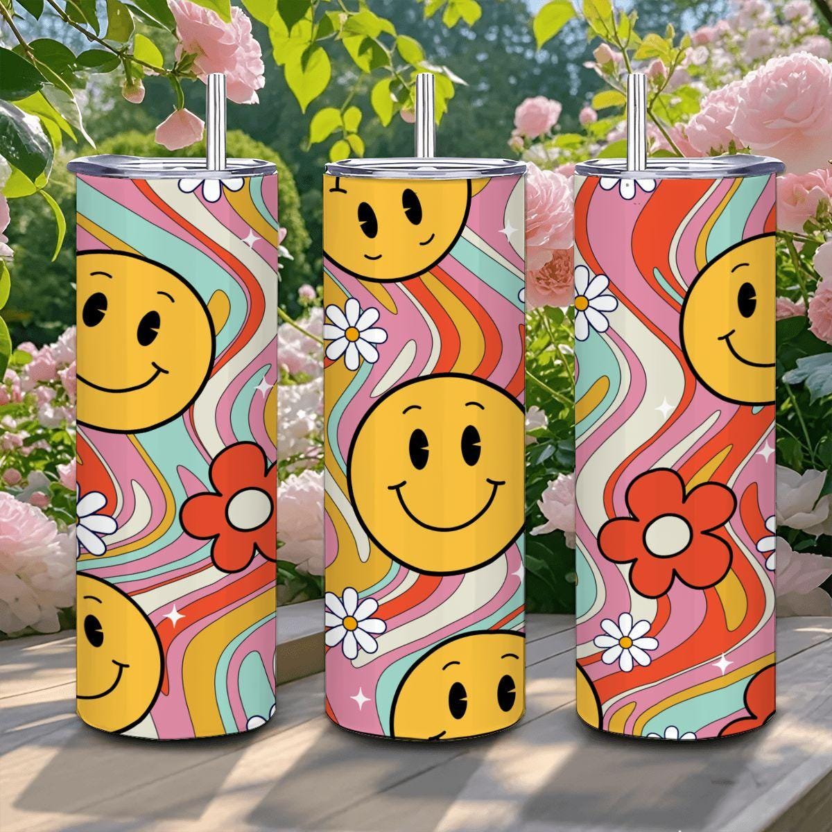 ColorFlow | Groovy Smiley Wave 20oz Stainless Steel Tumbler with Straw | Retro Happy Face Floral Cup | Fun Gift