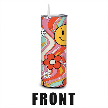 ColorFlow | Groovy Smiley Wave 20oz Stainless Steel Tumbler with Straw | Retro Happy Face Floral Cup | Fun Gift
