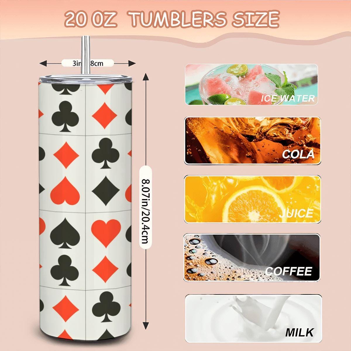 ColorFlow | Royal Flush Playing Card Suits 20oz Stainless Steel Tumbler with Straw | Insulated Travel Mug | Gift for Card Lovers