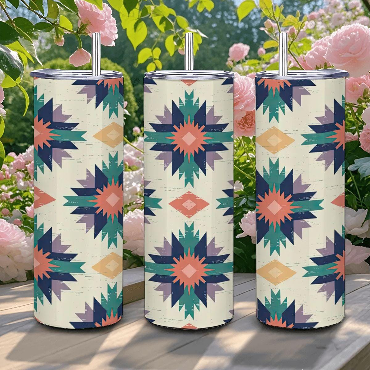 ColorFlow | Boho Starburst Southwest Pattern 20oz Stainless Steel Tumbler with Straw | Vibrant Insulated Travel Mug Gift