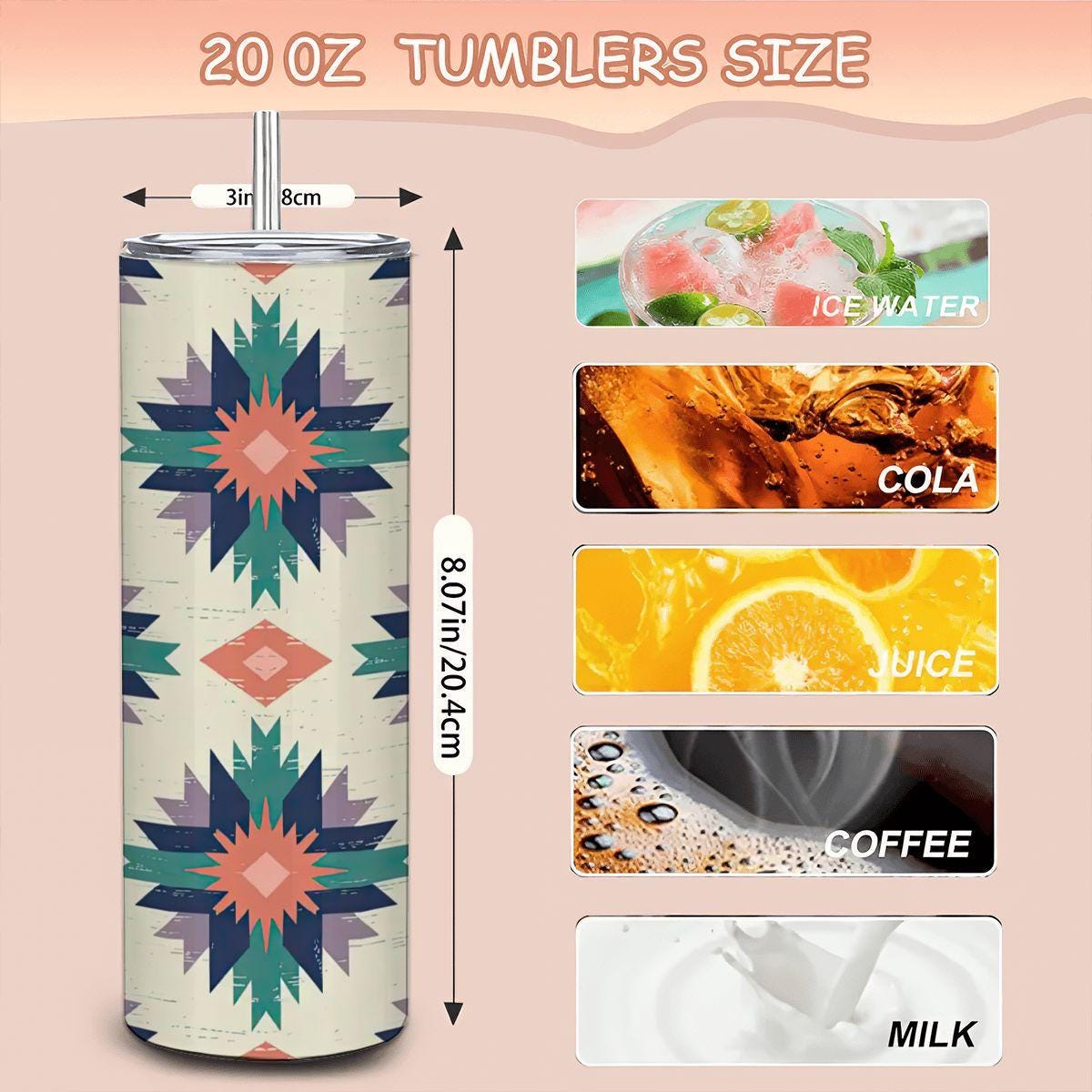 ColorFlow | Boho Starburst Southwest Pattern 20oz Stainless Steel Tumbler with Straw | Vibrant Insulated Travel Mug Gift