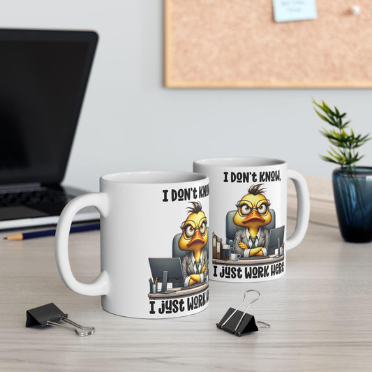 ColorFlow | Funny Office Duck Mug | I Dont Know I Just Work Here | 15 oz Coffee Cup for Coworkers and Office Humor Gift