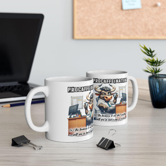 ColorFlow | Funny Coffee Mug Procaffeinating Bull Office Humor Cup | 15 oz Coffee Lover Gift for Coworkers and Friends