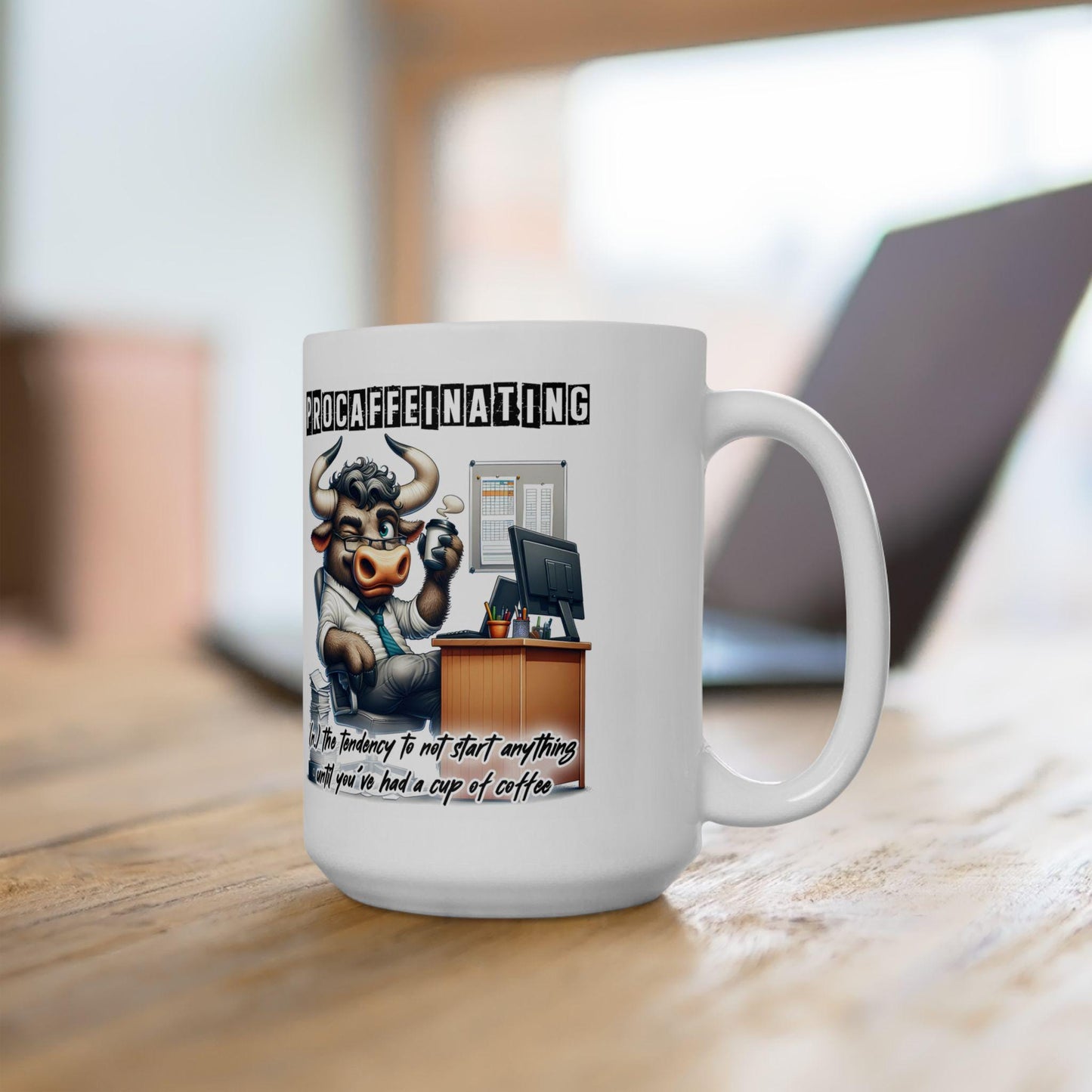 ColorFlow | Funny Coffee Mug Procaffeinating Bull Office Humor Cup | 15 oz Coffee Lover Gift for Coworkers and Friends