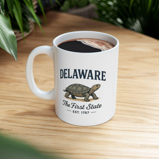 ColorFlow | Delaware The First State Mug | Turtle Design Coffee Cup | 15oz Ceramic Coastal Heritage Gift