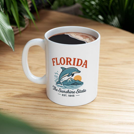 ColorFlow | Florida The Sunshine State Mug | Dolphin Ocean Coffee Cup | 15oz Ceramic Beach Gift