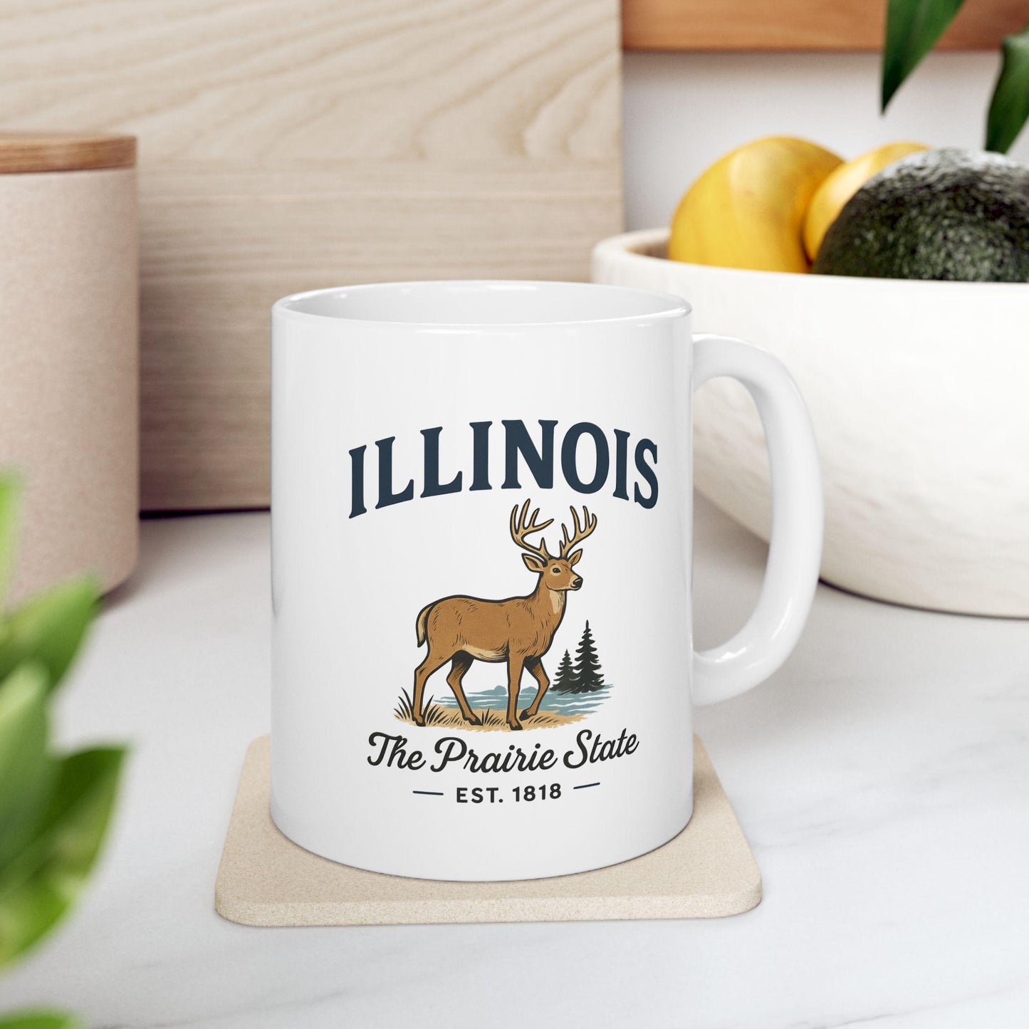 ColorFlow | Illinois The Prairie State Mug | Deer Design Coffee Cup | 15oz Ceramic Midwest Gift