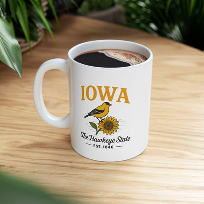 ColorFlow | Iowa The Hawkeye State Mug | Goldfinch Sunflower Coffee Cup | 15oz Ceramic Nature Gift