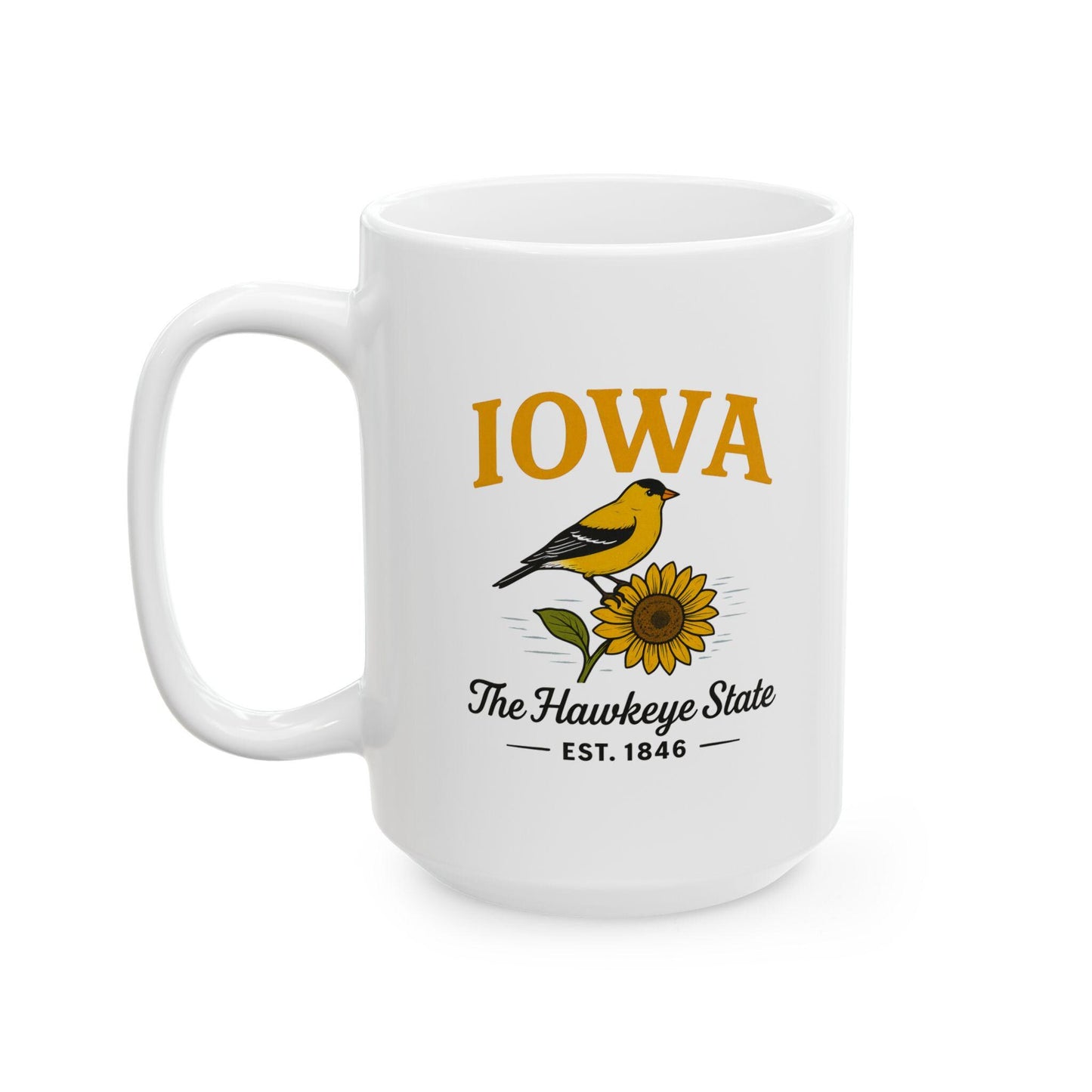 ColorFlow | Iowa The Hawkeye State Mug | Goldfinch Sunflower Coffee Cup | 15oz Ceramic Nature Gift