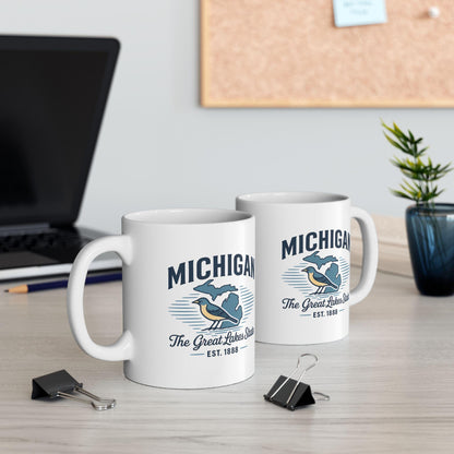 ColorFlow | Michigan The Great Lakes State Mug | 15oz Ceramic Coffee Cup | State Pride Gift | Bird and Lake Design