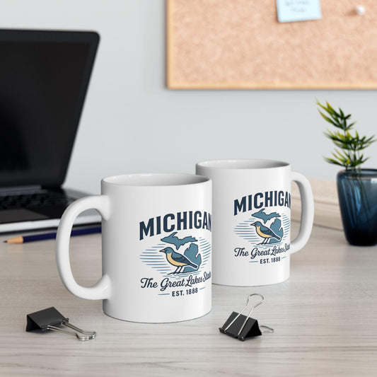 ColorFlow | Michigan The Great Lakes State Mug | 15oz Ceramic Coffee Cup | State Pride Gift | Bird and Lake Design
