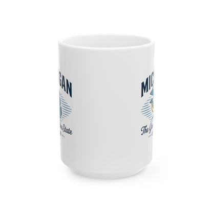 ColorFlow | Michigan The Great Lakes State Mug | 15oz Ceramic Coffee Cup | State Pride Gift | Bird and Lake Design