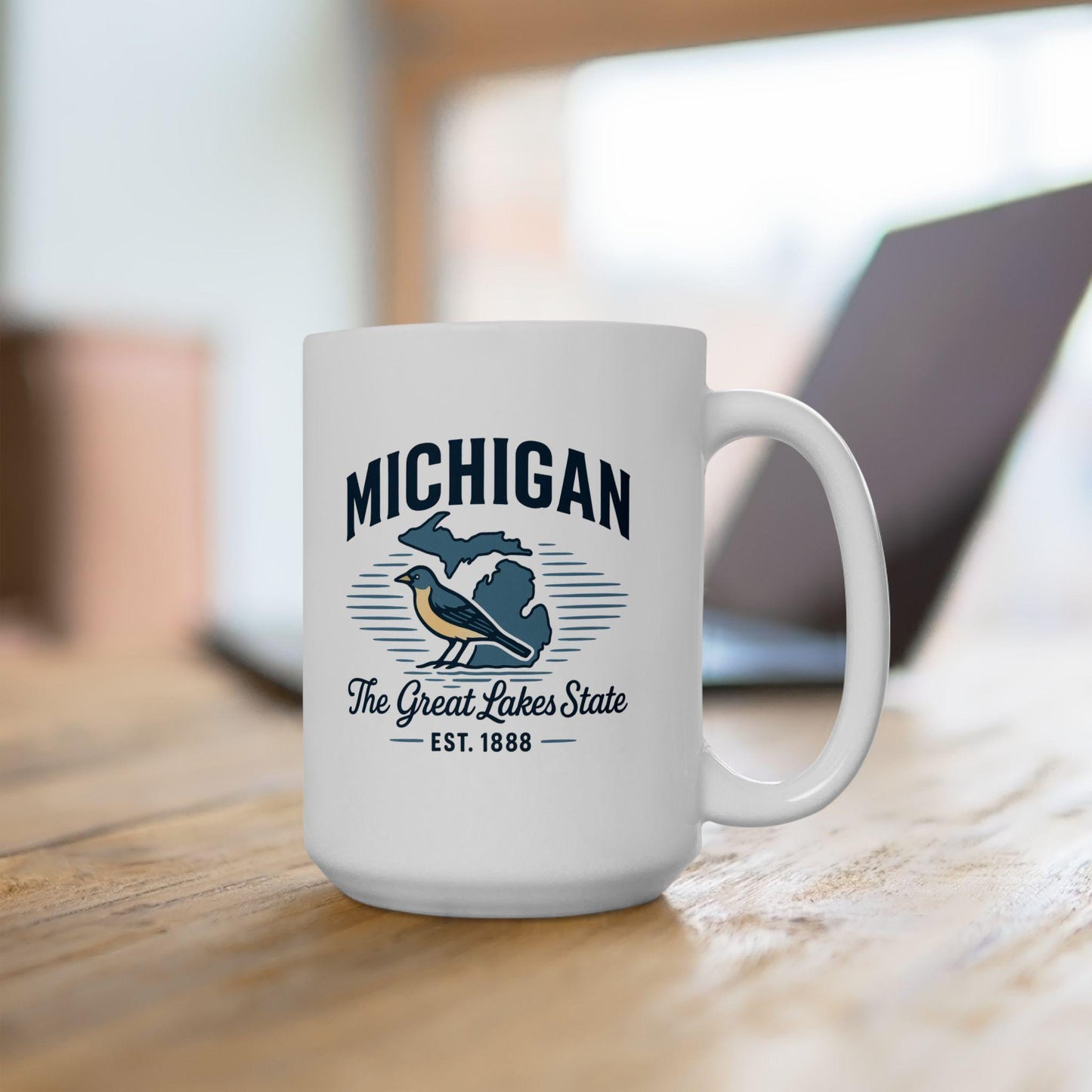 ColorFlow | Michigan The Great Lakes State Mug | 15oz Ceramic Coffee Cup | State Pride Gift | Bird and Lake Design