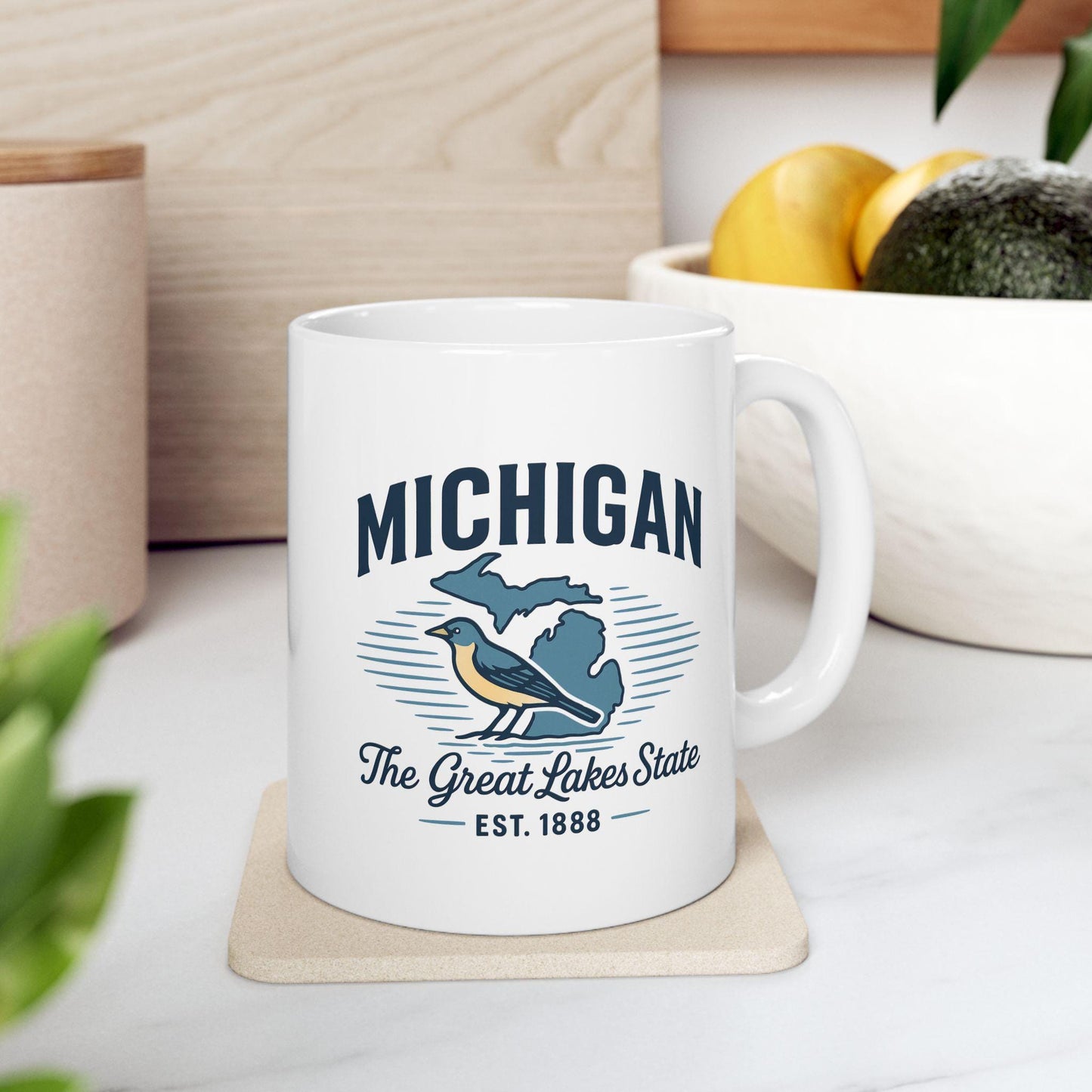 ColorFlow | Michigan The Great Lakes State Mug | 15oz Ceramic Coffee Cup | State Pride Gift | Bird and Lake Design