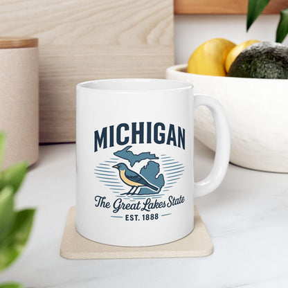 ColorFlow | Michigan The Great Lakes State Mug | 15oz Ceramic Coffee Cup | State Pride Gift | Bird and Lake Design